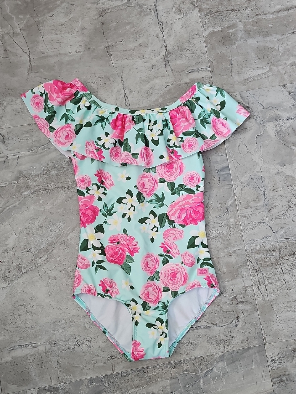 Ruffle Butts Mint One-Piece with Pink Rose Floral Ruffle